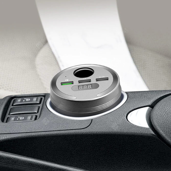 Car Cup Holder Power Adapter with Bluetooth FM Transmitter, LED Display & 3 USB Charging Ports - Image 7