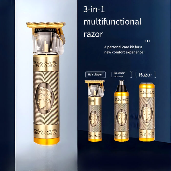 3-In-1 Vintage Grooming Set USB Rechargeable Multi-Functional Hair Clipper, Shaver, And Nose Trimmer For Men - Image 2