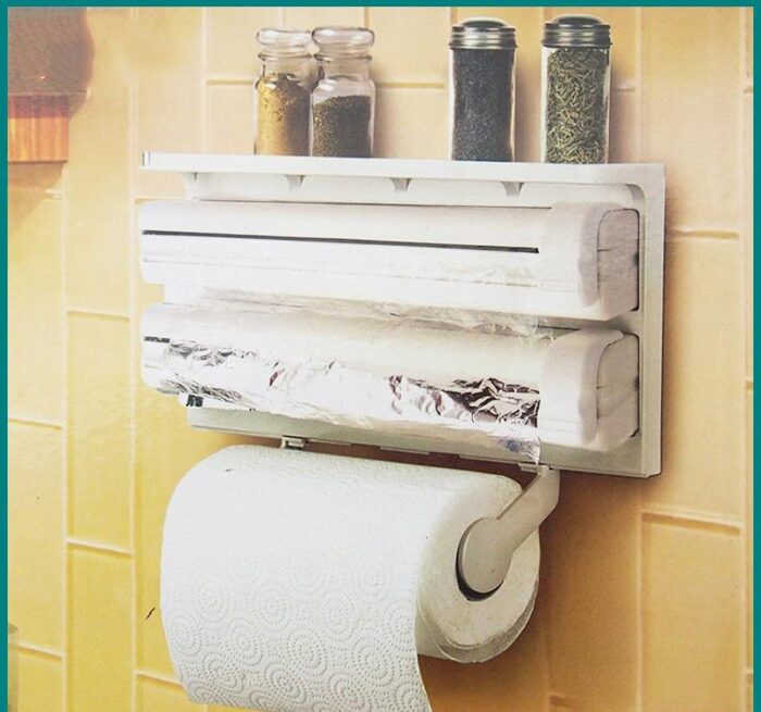 3 In 1 Kitchen Shelf Frame Plastic Film Triple Paper Dispenser Preservative Film Spice Shelf - Image 1