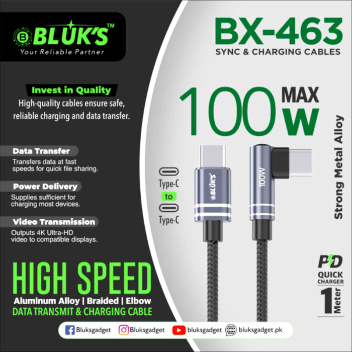 BLUK’S BX-463 High-Speed 100W Type-C to Type-C Elbow Design Fast Charging Braided Cable - Image 1