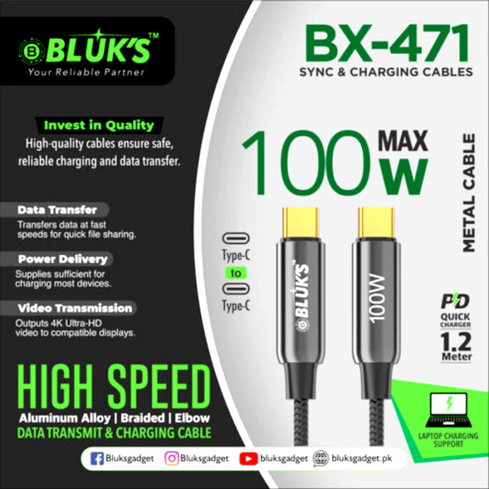 BLUK’S BX-471 High-Speed 100W Type-C to Type-C Fast Charging Braided Data Cable - Image 2