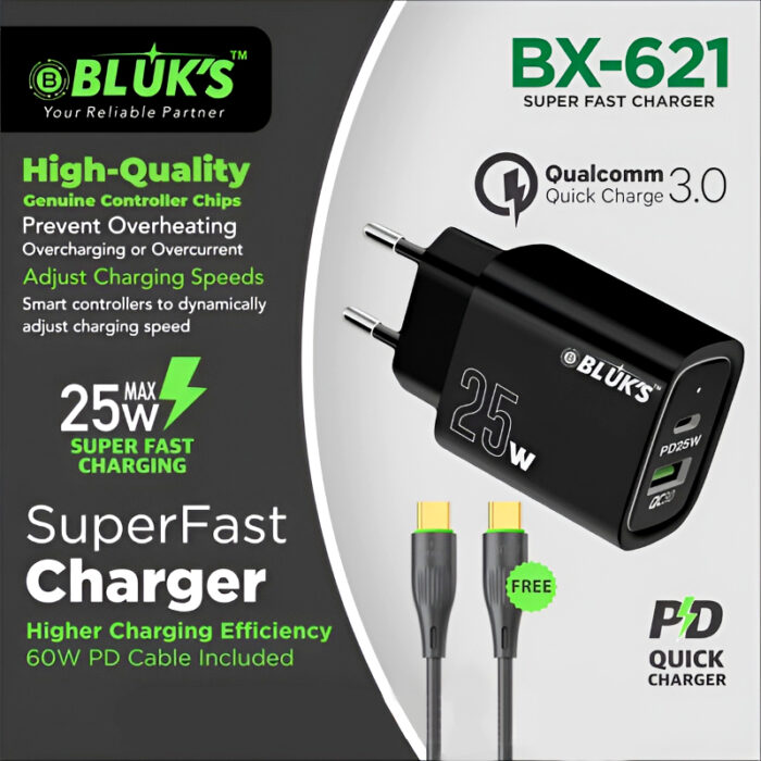 BLUKS BX-621 25W Super Fast Charger with 60W PD Cable Type C and Qualcomm Quick Charge 3.0 - Image 4