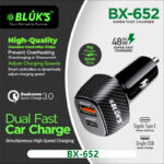 BLUK’S BX-652 Compact 48W Car Charger – Dual Port Fast Charging with Smart Safety Chips