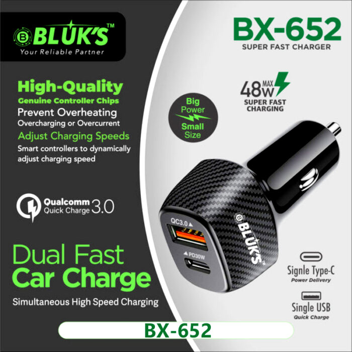 BLUK’S BX-652 Compact 48W Car Charger – Dual Port Fast Charging with Smart Safety Chips - Image 1