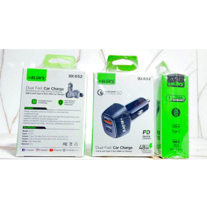 BLUK’S BX-652 Compact 48W Car Charger – Dual Port Fast Charging with Smart Safety Chips - Image 3