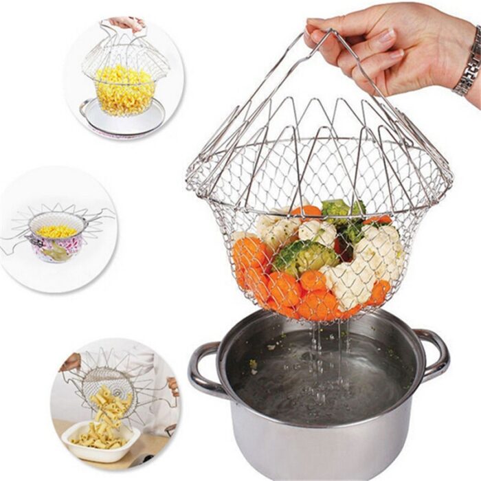 Chef Basket Dry Drain Rack Stainless Steel Multi Function Folding Fruit Basket Kitchen Tool - Image 10