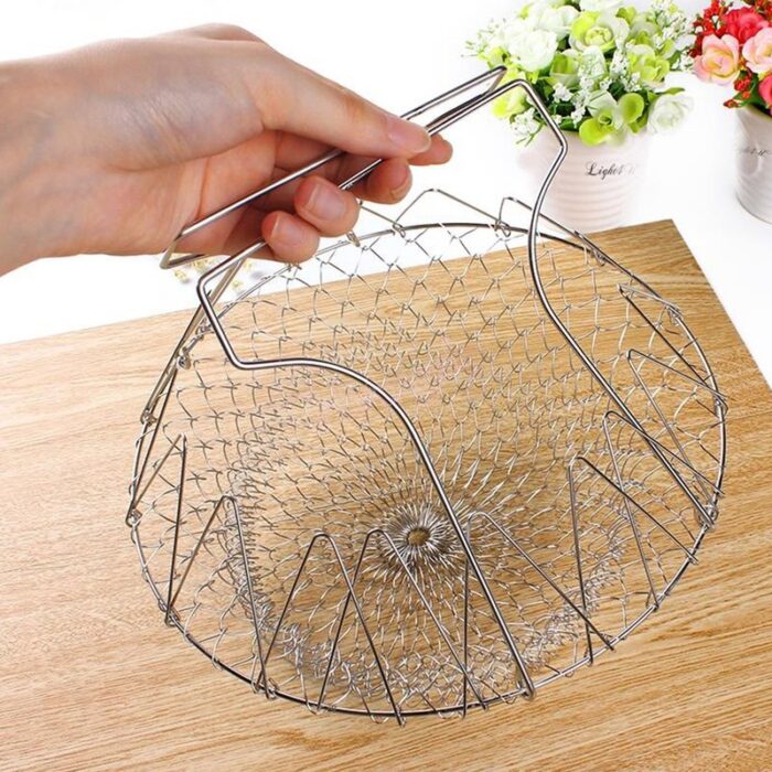 Chef Basket Dry Drain Rack Stainless Steel Multi Function Folding Fruit Basket Kitchen Tool - Image 3