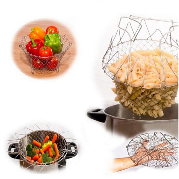 Chef Basket Dry Drain Rack Stainless Steel Multi Function Folding Fruit Basket Kitchen Tool - Image 9