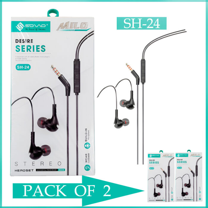 Pack Of 2 SOVO SH-24 MILO Long-Lasting Comfort Wear Stereo Handsfree - Image 2