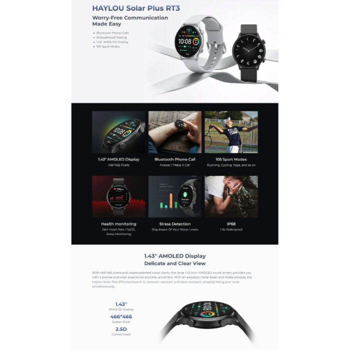 Haylou Solar Plus RT3 Smartwatch with 1.43″ AMOLED Display & Bluetooth Calling - Image 3