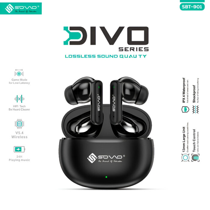 SOVO SBT-901 DIVO Series – Wireless Earbuds with Bluetooth 5.4, Noise Cancelling, 24H Playtime, and Touch Control - Image 5