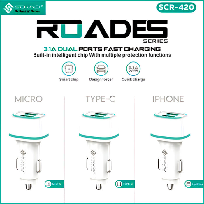 SOVO SCR-420 ROADES 3.1A Dual Ports Fast Car Charger with Android, Type-C, & Lightning Cable - Image 4
