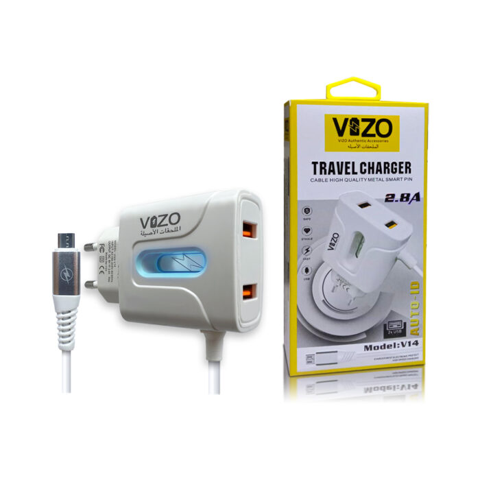 VIZO V14 Fast Charger 2.8A With Copper Connector | Android Mobile Phone Charging Adapter with Usb Data cable - Image 1