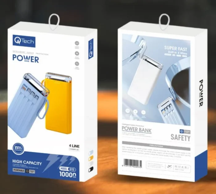 Qtech Q115 Power Bank 10000mAh With Torch Light And Attached Cables (Random Color) - Image 1