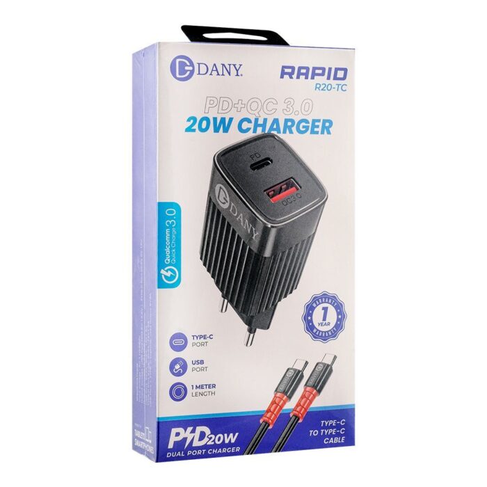 Dany Rapid R20-TC PD+QC3.0 20W Dual Port Charger Type-C To Type-C Cable - Image 1