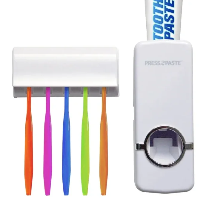 Toothpaste Dispenser With 5 Brush Holder Wall Mounted Automatic Hands Free Toothpaste Dispenser - Image 1