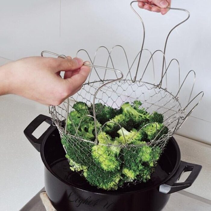 Chef Basket Dry Drain Rack Stainless Steel Multi Function Folding Fruit Basket Kitchen Tool - Image 5