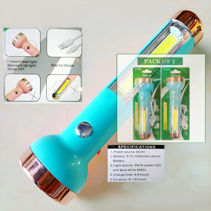 Pack of 2 SD-8639 Mini 2-in-1 COB+LED Dual Modes Super Bright Rechargeable Flashlight - Image 2
