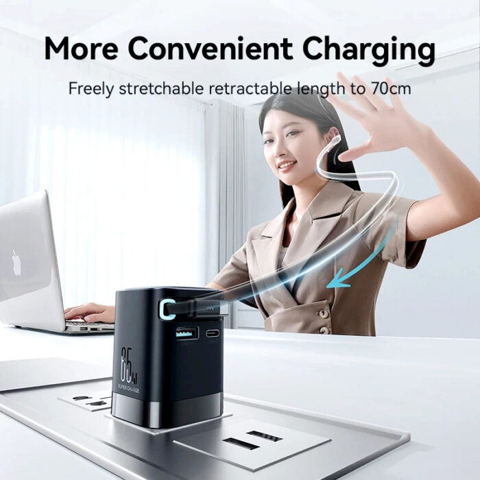 Joyroom JR-TCL02EU 65W GaN Charger with Retractable USB-C Cable, Dual-Port USB-A & USB-C, PD 3.0 Fast Charging, Compatible with Laptops & Smartphones - Image 2