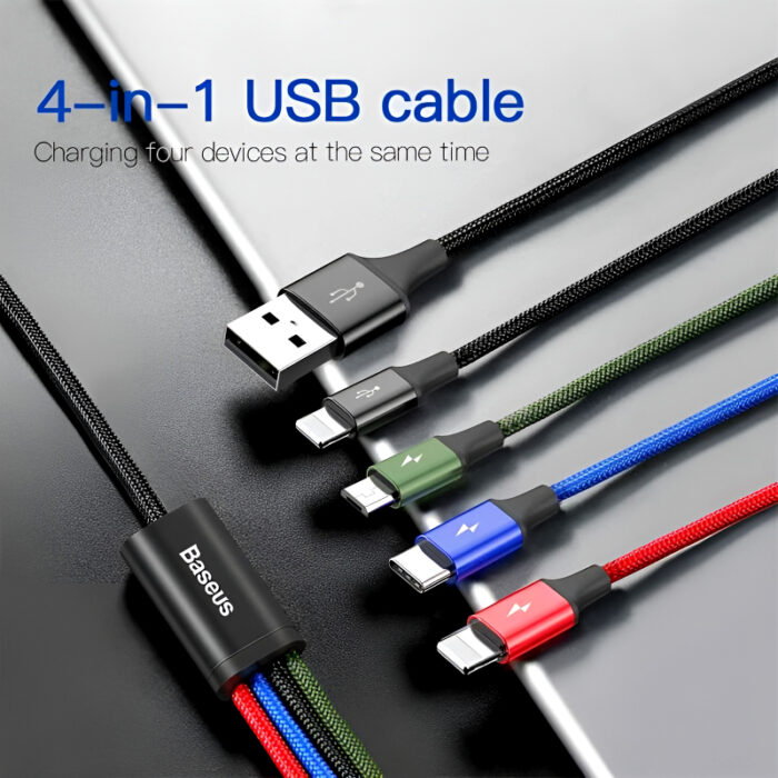 Baseus 4 in 1 Dual iPhone + Type C + Micro USB High Quality Nylon Braided Universal Multi Charging Cable - Image 6