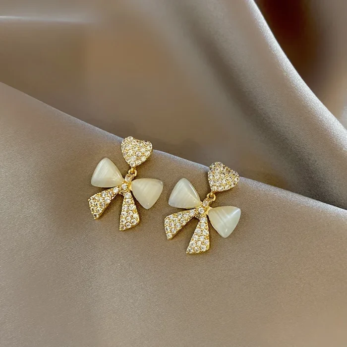 Heart Bow Zircon Korean Earring  for Women(Golden) - Image 4