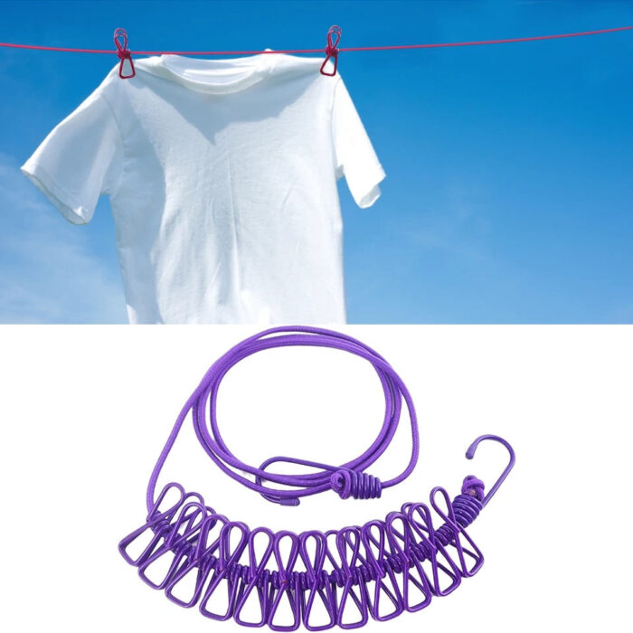 Multi Functional Portable Drying Rope with 12 Clips and 2 Hooks, Travel Clothesline Rope Clothes - Image 6