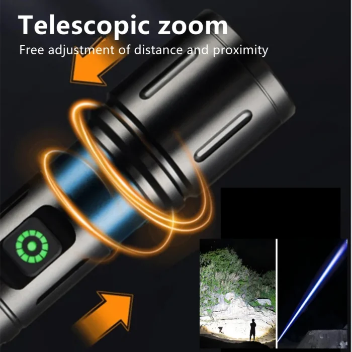 Ruilang  Portable Rechargeable Powerful LED Flashlight, Aluminum Alloy Zoom Flashlight - Image 6