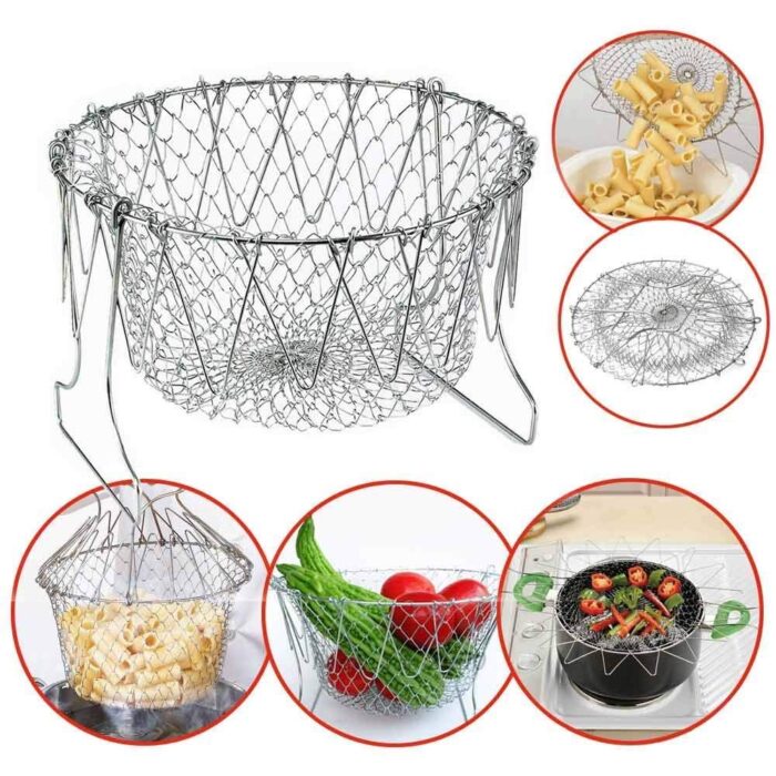 STAINLESS STEEL MULTI-FUNCTIONAL FOLDABLE COOKING Chef Basket Deluxe Kitchen Colander, MESH STEAM RINSE STRAIN FRY BASKET DEEP FRYER - Image 6