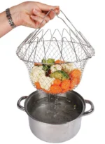STAINLESS STEEL MULTI-FUNCTIONAL FOLDABLE COOKING Chef Basket Deluxe Kitchen Colander, MESH STEAM RINSE STRAIN FRY BASKET DEEP FRYER - Image 9