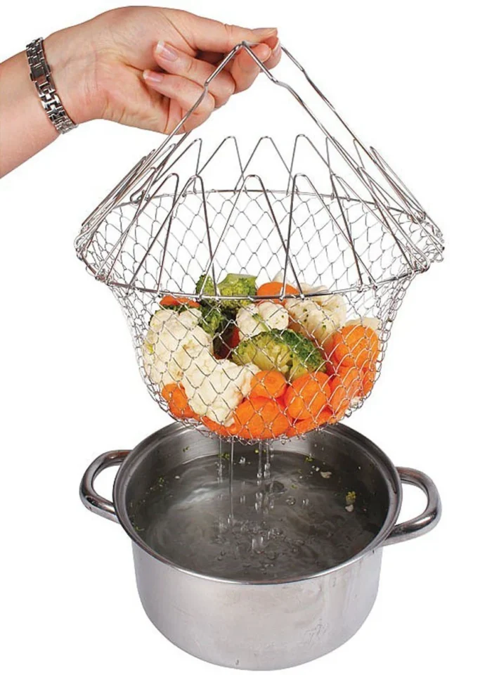 STAINLESS STEEL MULTI-FUNCTIONAL FOLDABLE COOKING Chef Basket Deluxe Kitchen Colander, MESH STEAM RINSE STRAIN FRY BASKET DEEP FRYER - Image 9