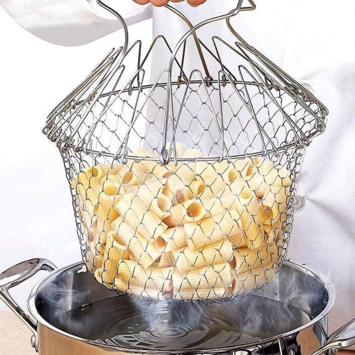 STAINLESS STEEL MULTI-FUNCTIONAL FOLDABLE COOKING Chef Basket Deluxe Kitchen Colander, MESH STEAM RINSE STRAIN FRY BASKET DEEP FRYER - Image 3