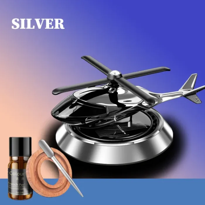Silver Car Aroma Diffuser Air Freshener Perfume Solar Power | Car Dashboard Helicopter Decoration With Refill Perfume - Image 1