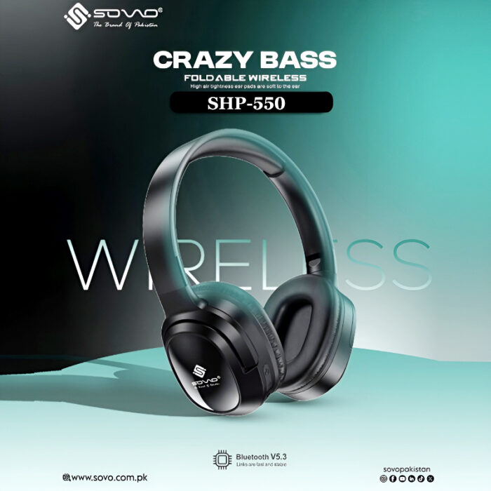 SOVO SHP-550 Crazy Bass Series Wireless Bluetooth 5.3 Headphones – ANC, Foldable Design, HD Sound, Soft Earpads - Image 1