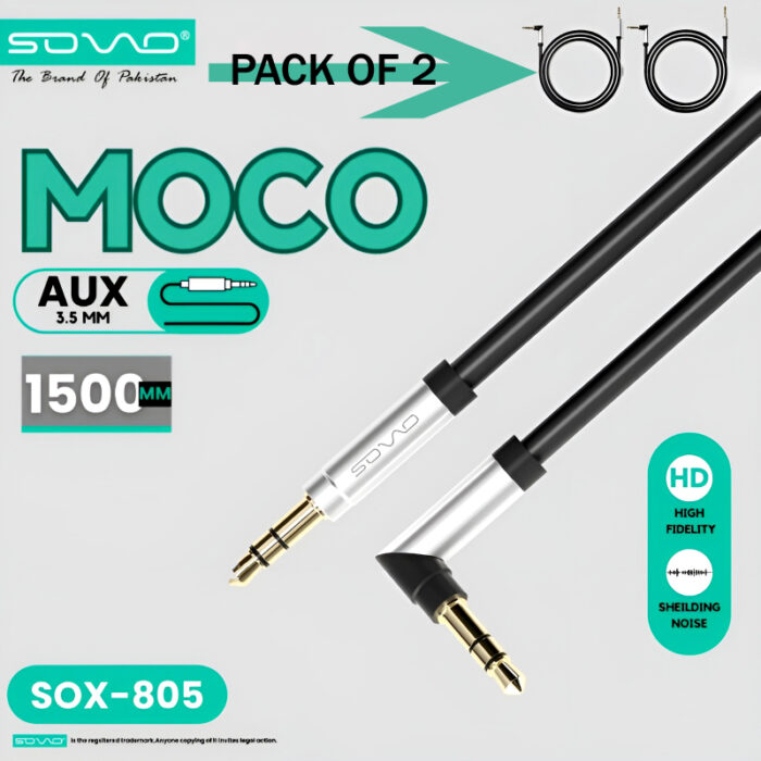Pack of 2, Sovo Moco SOX-805 3.5mm AUX Cables, High Fidelity Sound, 1.5m Length - Image 4