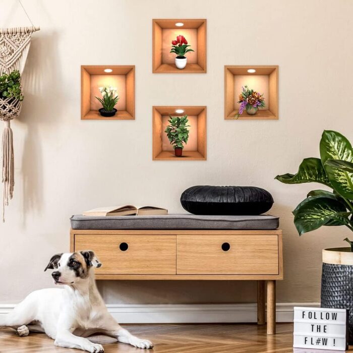 4 Sheets Flower Decoration Art Magic Sticker,3D Vinyl Removable Wall Sticker Decals DIY, Plants False Niche Green Potted Plants Mural (Style-B) - Image 6