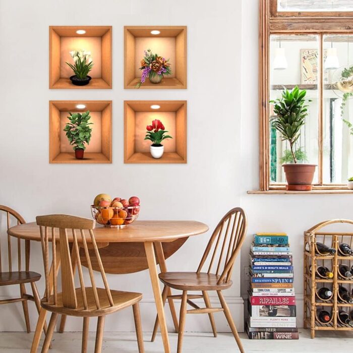 4 Sheets Flower Decoration Art Magic Sticker,3D Vinyl Removable Wall Sticker Decals DIY, Plants False Niche Green Potted Plants Mural (Style-B) - Image 8