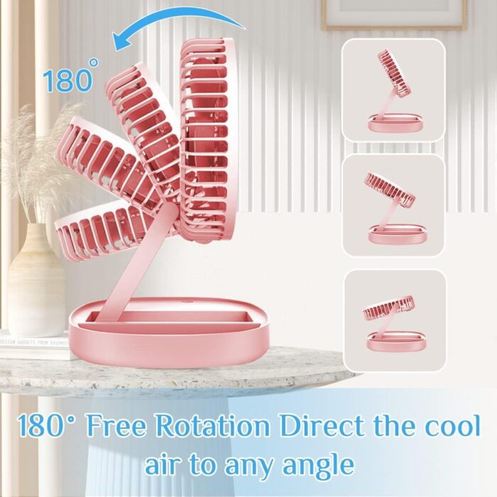 Mini 2 in 1 Portable Fan with LED Light, USB Rechargeable |  7 Inch Portable Travel Fan | Desk Fan 3 Speeds Folding Table Fan Quiet 185° Rotation USB Plug-In - Image 10