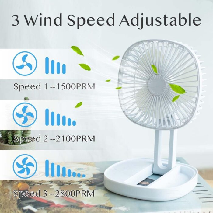Mini 2 in 1 Portable Fan with LED Light, USB Rechargeable |  7 Inch Portable Travel Fan | Desk Fan 3 Speeds Folding Table Fan Quiet 185° Rotation USB Plug-In - Image 11