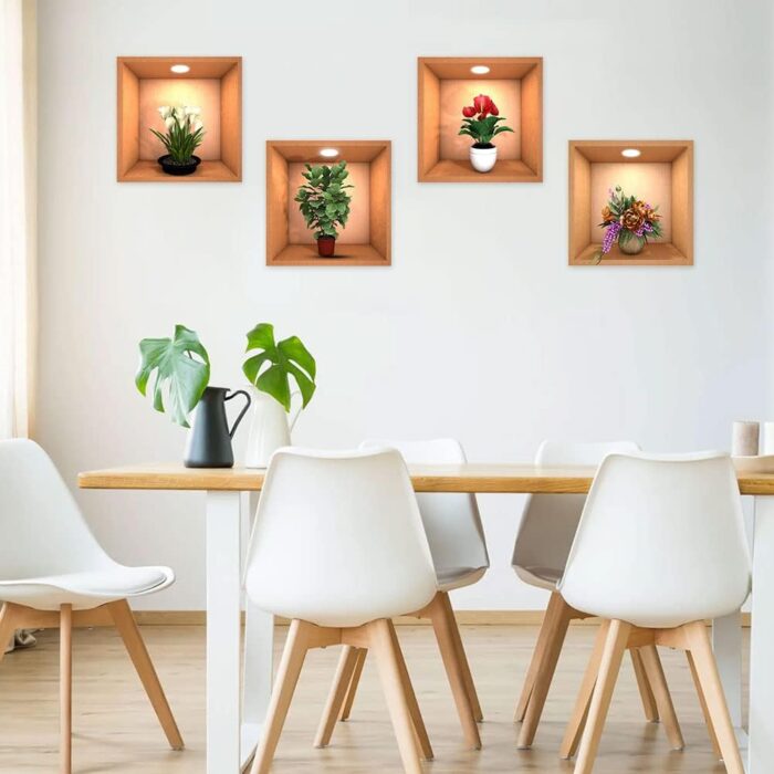 4 Sheets Flower Decoration Art Magic Sticker,3D Vinyl Removable Wall Sticker Decals DIY, Plants False Niche Green Potted Plants Mural (Style-B) - Image 5