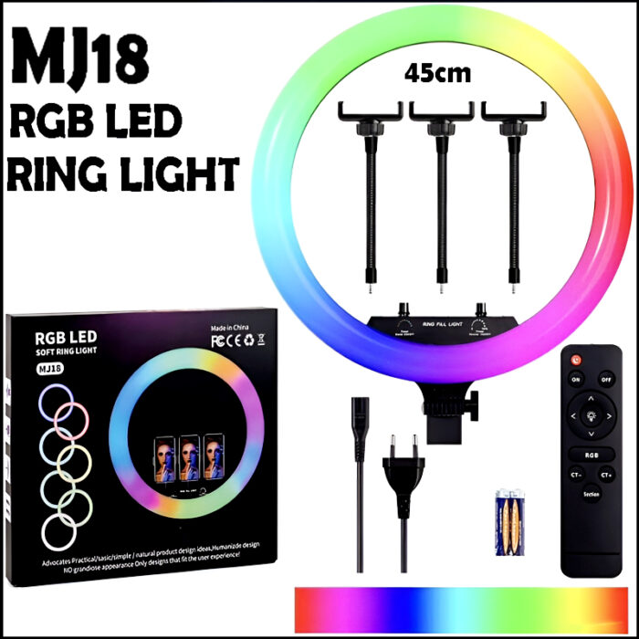 MJ18 45 CM RGB LED Soft Ring Light with 3 Phone Holders and Remote Control - Image 1