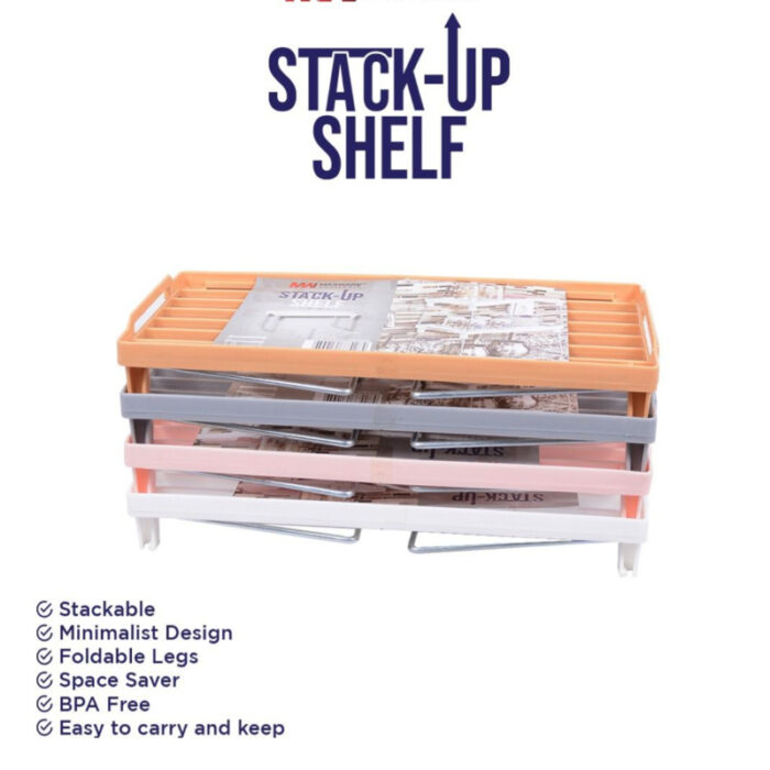 Set Of 3 Stack Up Shelf Space Saver Plastic Racks With Foldable Legs For Kitchen - Image 1