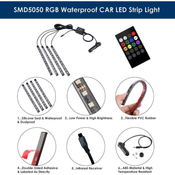 4 PCs Remote Control RGB LED Music Strip Lights For Car Interior - Image 6