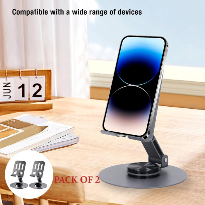2 Pcs 360° Rotatable Metal Phone & Tablet Stands, Adjustable Foldable and Durable Desktop Holders - Image 1