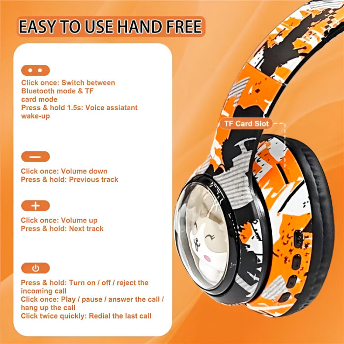 AKZ-36 Creative Graffiti Wireless Bluetooth 5.3 Headphones – Foldable Headset with Hi-Fi Sound, FM Radio, Microphone, and TF Card Support - Image 11