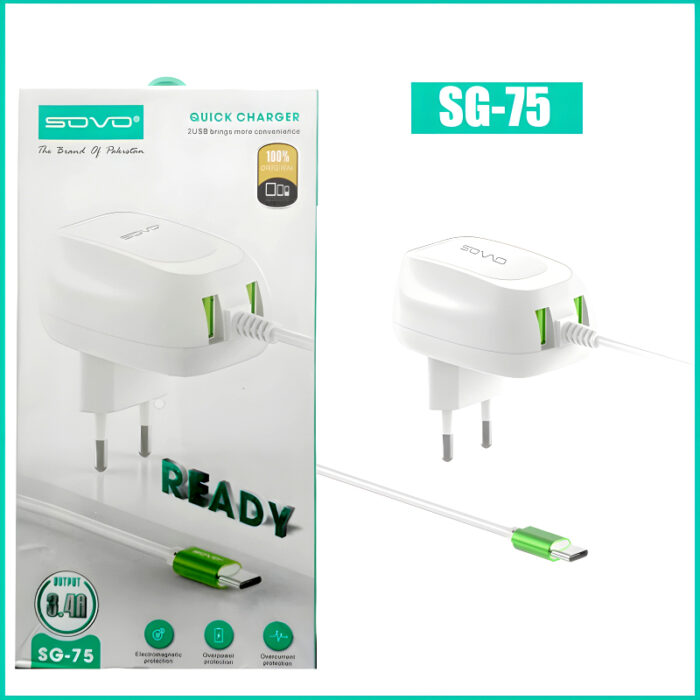 Sovo SG-75 Ready 3.4-Amp 2USB High Quallity Type-C Cable Fast Charger - Image 1