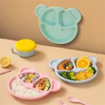 5 Pcs Bear Plate Set - Cartoon compartment dinner plate | Includes Divided Plate, Fork & Spoon, Perfect For Toddlers & Preschoolers (Random color) - Image 5
