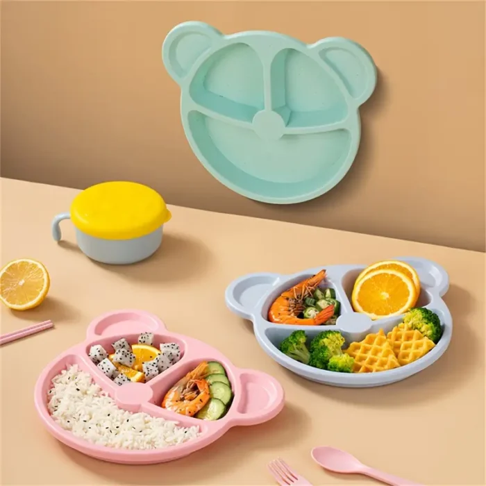 5 Pcs Bear Plate Set - Cartoon compartment dinner plate | Includes Divided Plate, Fork & Spoon, Perfect For Toddlers & Preschoolers (Random color) - Image 5