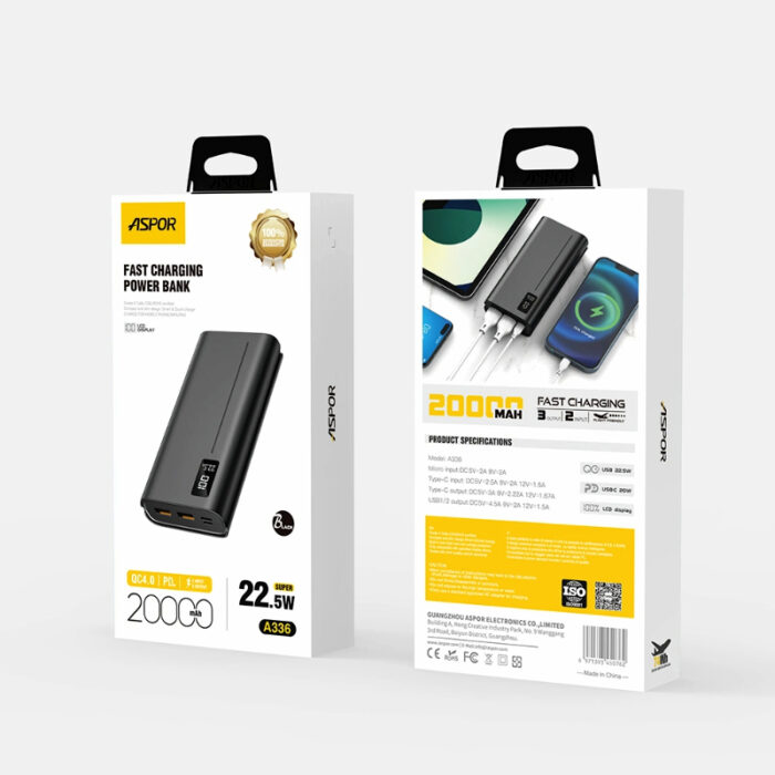 ASPOR A336 20000mAh – PD 22.5W Super Fast Charging, QC 4.0, Digital Display Power Bank - Image 3