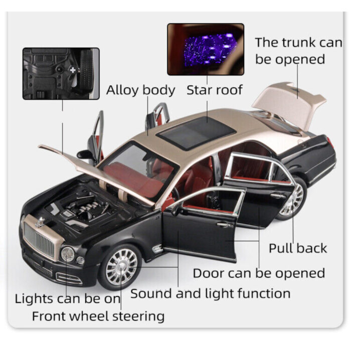 1:24 Bentley Mulsanne Alloy Die-Cast Model Car With Sound & Light - Image 2