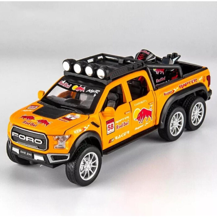 Red Bull Diecast Ford Raptor F150 6x6 Pickup Metal Model Pull Back With Light & Sound Car - Image 1